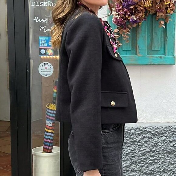 Black Elegant Women's Casual Tweed Jacket Decorated Long Sleeve Coat - Picture 6 of 8